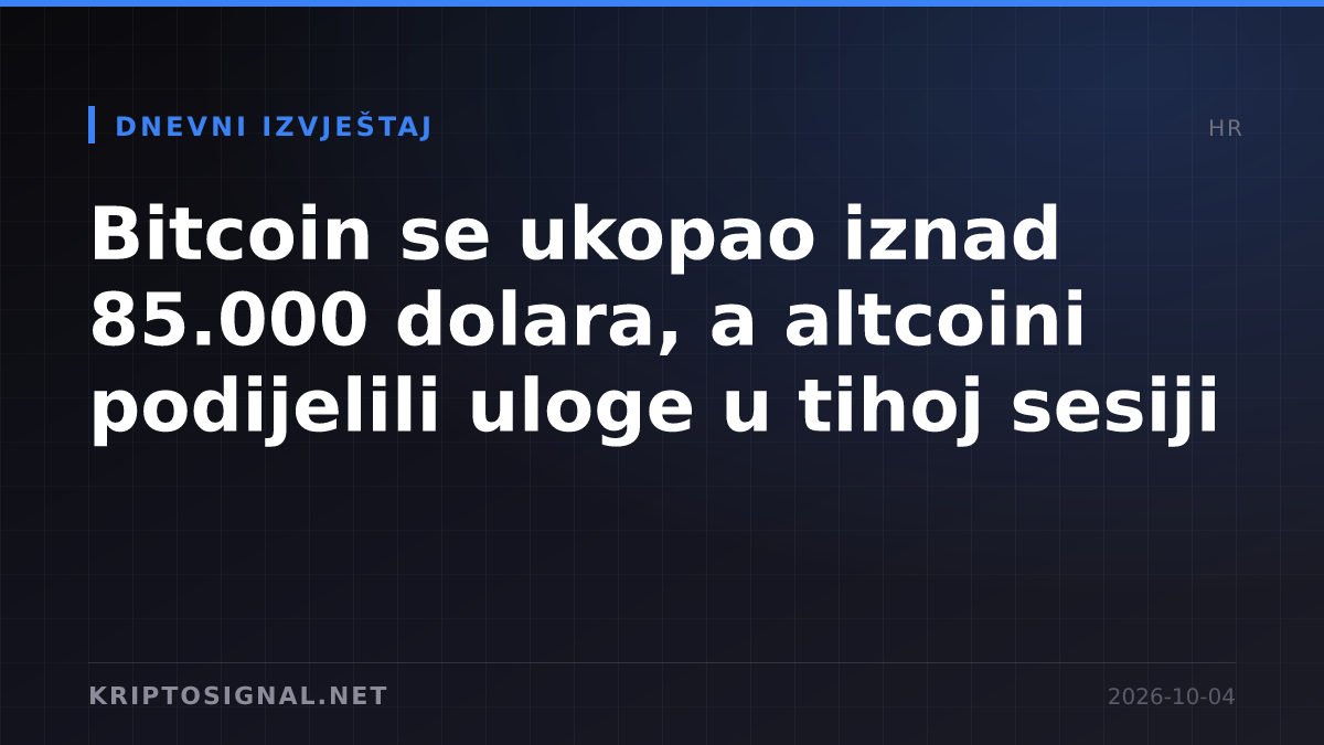 Bitcoin se ukopao iznad 85.000 dolara, a altcoini podijelili uloge u tihoj sesiji