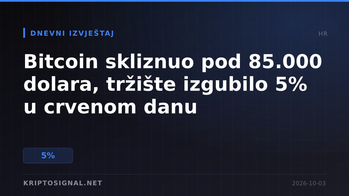Bitcoin skliznuo pod 85.000 dolara, tržište izgubilo 5% u crvenom danu
