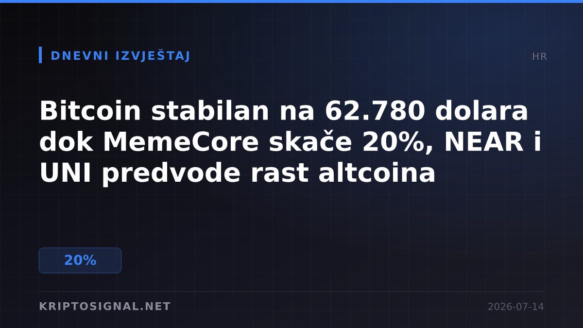 Bitcoin stabilan na 62.780 dolara dok MemeCore skače 20%, NEAR i UNI predvode rast altcoina