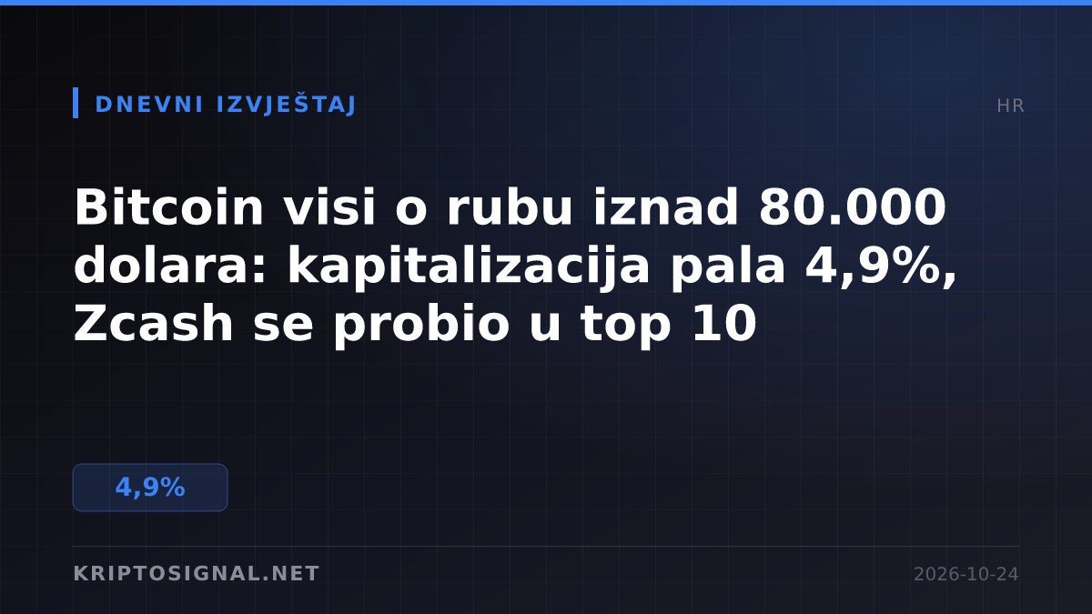 Bitcoin visi o rubu iznad 80.000 dolara: kapitalizacija pala 4,9%, Zcash se probio u top 10