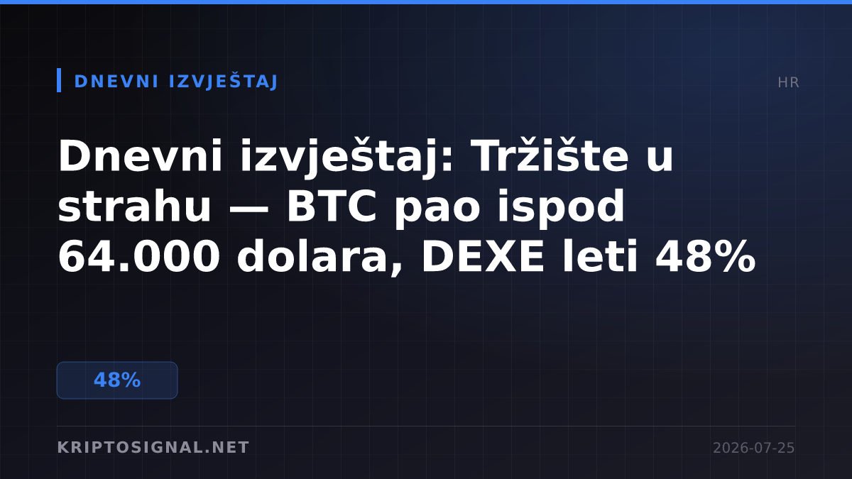 Dnevni izvještaj: Tržište u strahu — BTC pao ispod 64.000 dolara, DEXE leti 48%